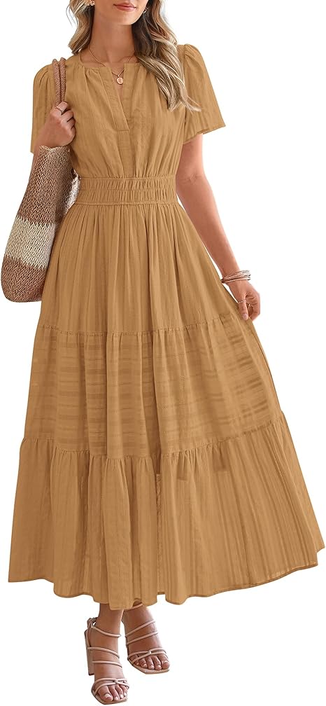 BTFBM Womens Summer 2025 Casual Midi Maxi Dresses Lightweight Short Sleeve V Neck Elastic Waist Boho Beach Dress Pockets