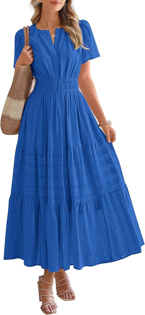 BTFBM Womens Summer 2025 Casual Midi Maxi Dresses Lightweight Short Sleeve V Neck Elastic Waist Boho Beach Dress Pockets