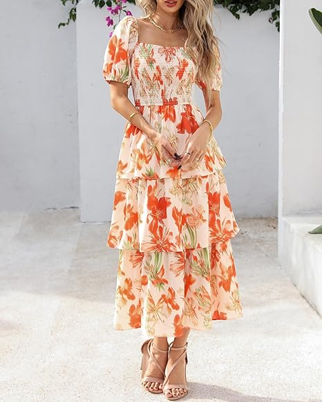 BTFBM Womens Square Neck Smocked Dress Summer Puff Short Sleeve Floral Casual Ruffle Tiered Maxi Wedding Guest Dresses