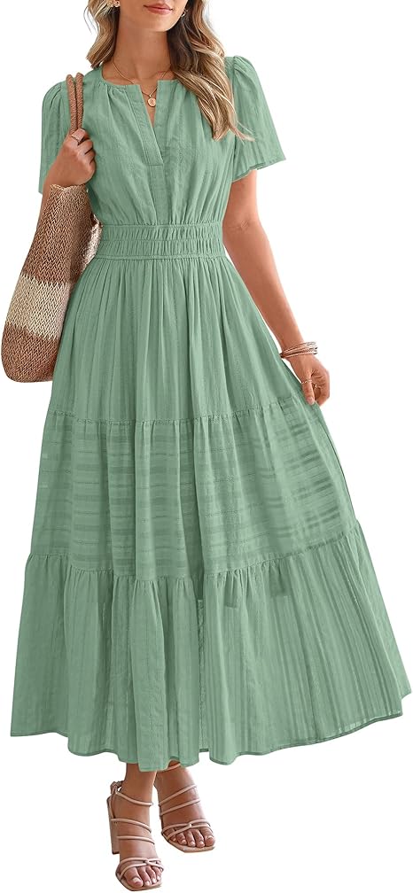 BTFBM Womens Summer 2025 Casual Midi Maxi Dresses Lightweight Short Sleeve V Neck Elastic Waist Boho Beach Dress Pockets