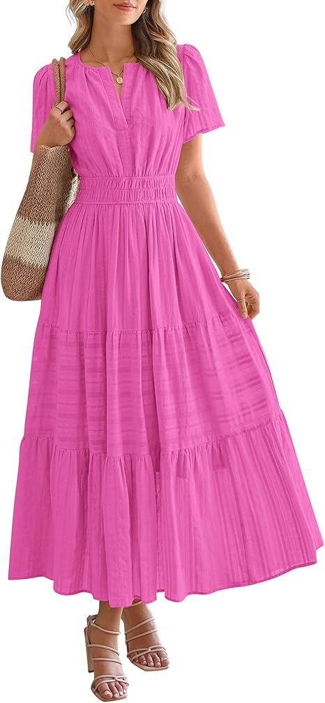 BTFBM Womens Summer 2025 Casual Midi Maxi Dresses Lightweight Short Sleeve V Neck Elastic Waist Boho Beach Dress Pockets