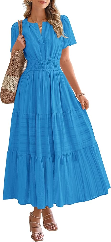 BTFBM Womens Summer 2025 Casual Midi Maxi Dresses Lightweight Short Sleeve V Neck Elastic Waist Boho Beach Dress Pockets