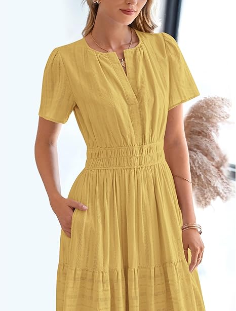 BTFBM Womens Summer 2025 Casual Midi Maxi Dresses Lightweight Short Sleeve V Neck Elastic Waist Boho Beach Dress Pockets